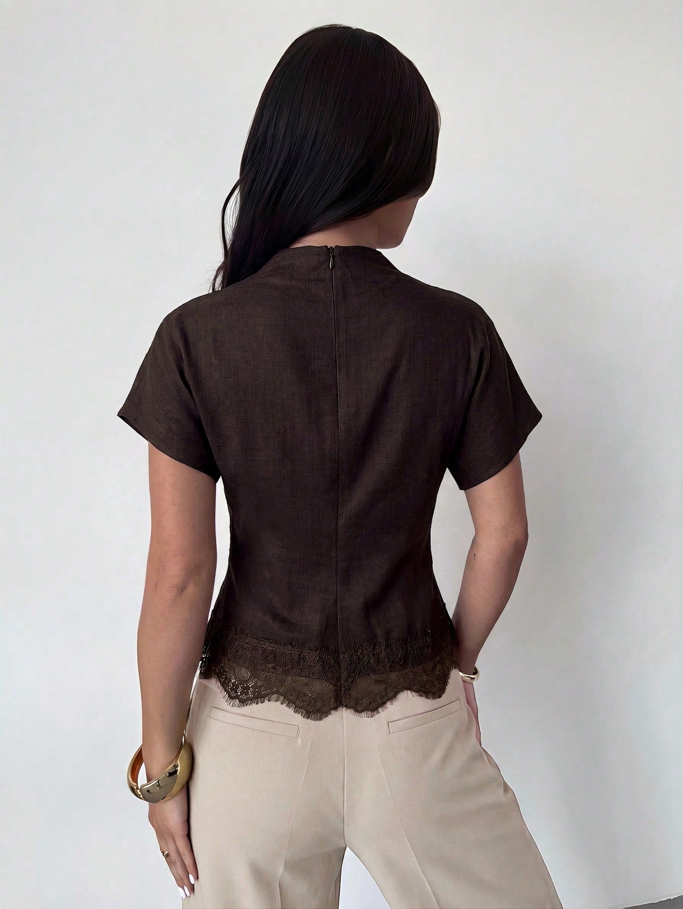 Firerie Crinkle Collar Asymmetrical Sleeve Side Ruched Cinched Waist Commuter Office Brown Bamboo Linen Fabric Women Shirt, Summer Teachers' Day Elegant