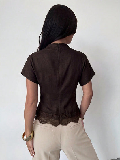 Firerie Crinkle Collar Asymmetrical Sleeve Side Ruched Cinched Waist Commuter Office Brown Bamboo Linen Fabric Women Shirt, Summer Teachers' Day Elegant