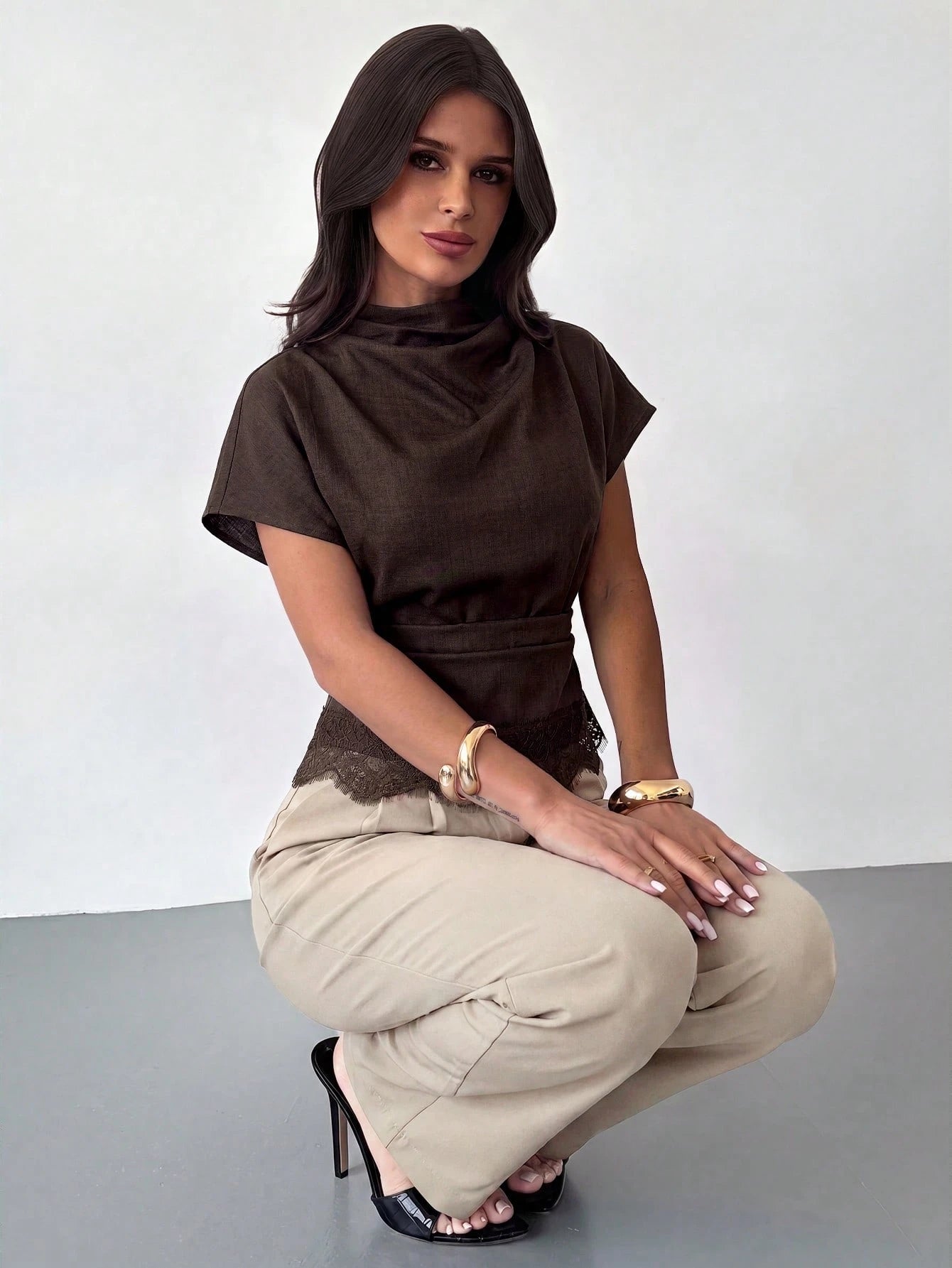 Firerie Crinkle Collar Asymmetrical Sleeve Side Ruched Cinched Waist Commuter Office Brown Bamboo Linen Fabric Women Shirt, Summer Teachers' Day Elegant