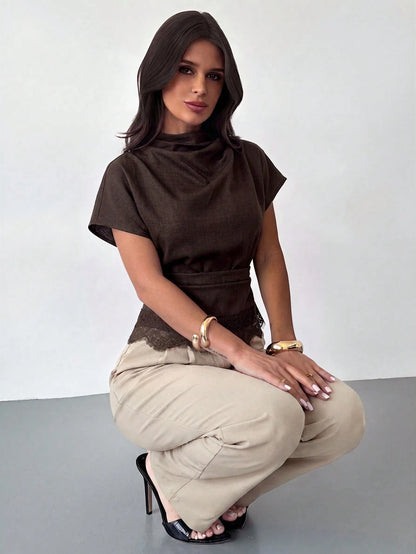 Firerie Crinkle Collar Asymmetrical Sleeve Side Ruched Cinched Waist Commuter Office Brown Bamboo Linen Fabric Women Shirt, Summer Teachers' Day Elegant