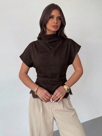 Firerie Crinkle Collar Asymmetrical Sleeve Side Ruched Cinched Waist Commuter Office Brown Bamboo Linen Fabric Women Shirt, Summer Teachers' Day Elegant
