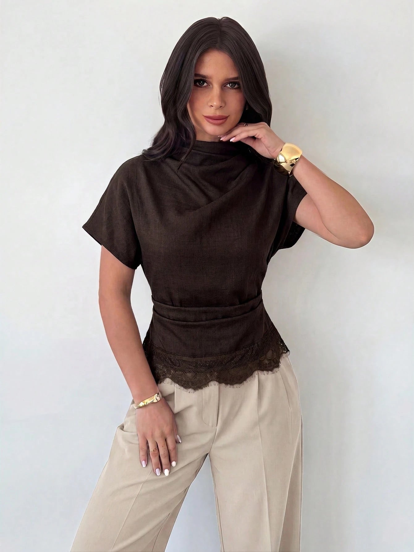 Firerie Crinkle Collar Asymmetrical Sleeve Side Ruched Cinched Waist Commuter Office Brown Bamboo Linen Fabric Women Shirt, Summer Teachers' Day Elegant