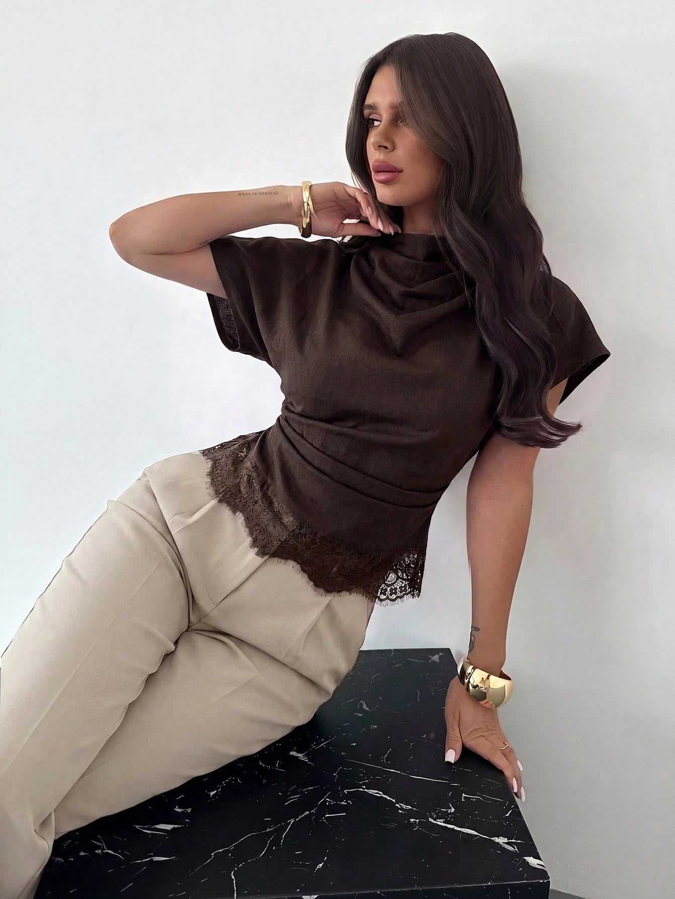 Firerie Crinkle Collar Asymmetrical Sleeve Side Ruched Cinched Waist Commuter Office Brown Bamboo Linen Fabric Women Shirt, Summer Teachers' Day Elegant