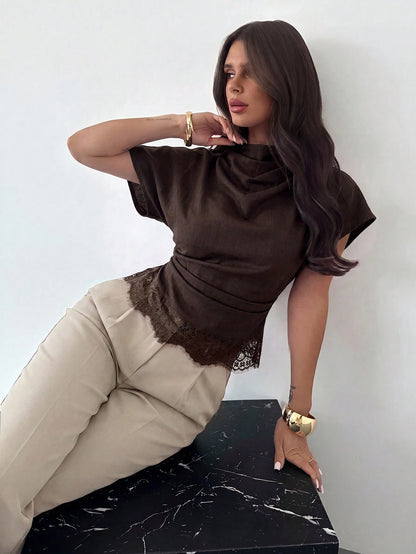 Firerie Crinkle Collar Asymmetrical Sleeve Side Ruched Cinched Waist Commuter Office Brown Bamboo Linen Fabric Women Shirt, Summer Teachers' Day Elegant