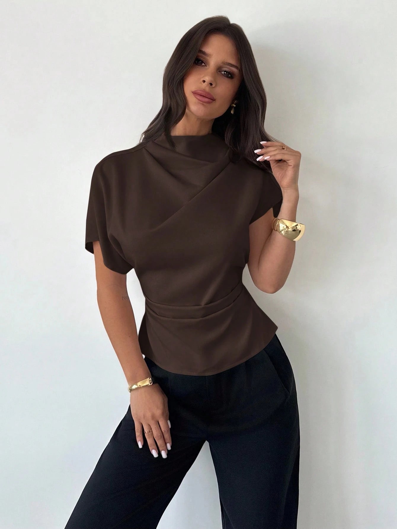 Firerie Crinkle Collar Asymmetrical Sleeve Side Ruched Cinched Waist Commuter Office Brown Bamboo Linen Fabric Women Shirt, Summer Teachers' Day Elegant