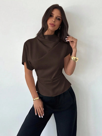 Firerie Crinkle Collar Asymmetrical Sleeve Side Ruched Cinched Waist Commuter Office Brown Bamboo Linen Fabric Women Shirt, Summer Teachers' Day Elegant