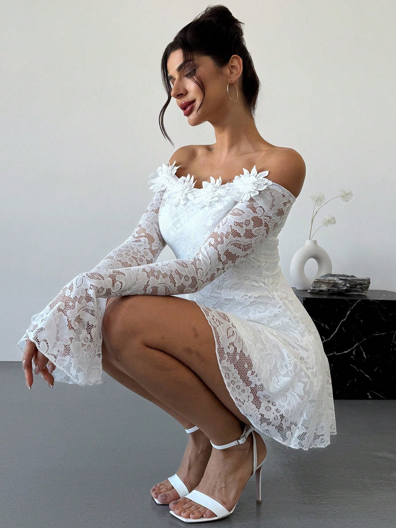 Firerie Elegant Modest White Floral Floral Date Party 3D Tassel Lace Off Shoulder Waist-Cinched A-Line Dress,Women's Graduation Dresses,Autumn Fairycore