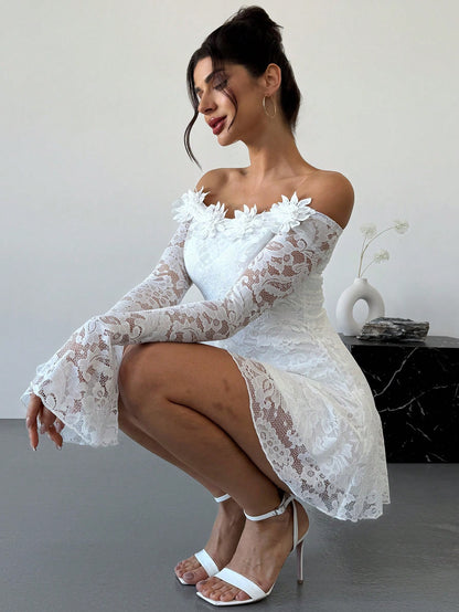 Firerie Elegant Modest White Floral Floral Date Party 3D Tassel Lace Off Shoulder Waist-Cinched A-Line Dress,Women's Graduation Dresses,Autumn Fairycore