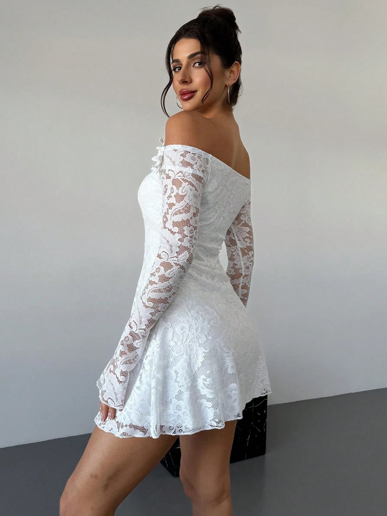Firerie Elegant Modest White Floral Floral Date Party 3D Tassel Lace Off Shoulder Waist-Cinched A-Line Dress,Women's Graduation Dresses,Autumn Fairycore