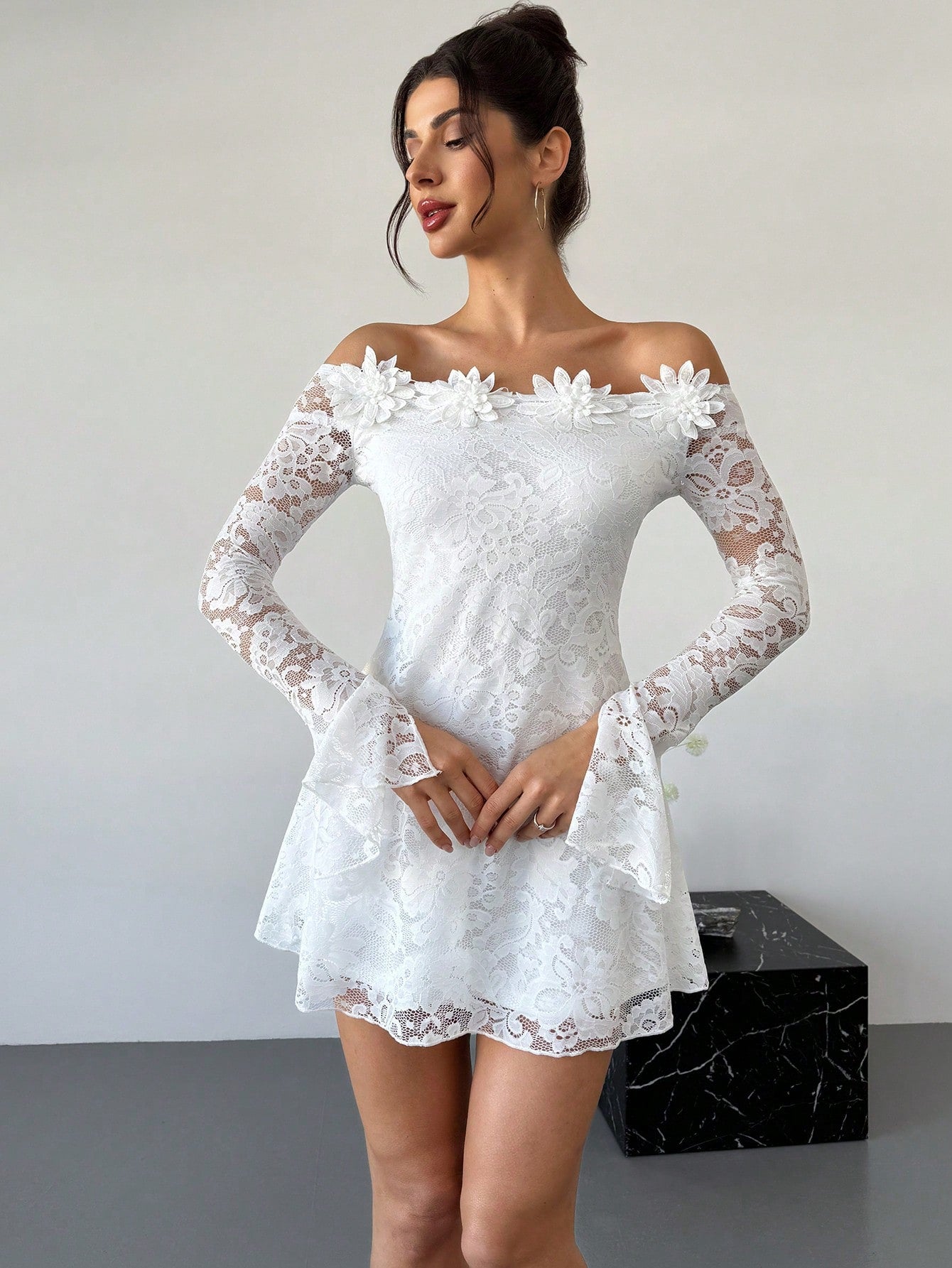 Firerie Elegant Modest White Floral Floral Date Party 3D Tassel Lace Off Shoulder Waist-Cinched A-Line Dress,Women's Graduation Dresses,Autumn Fairycore