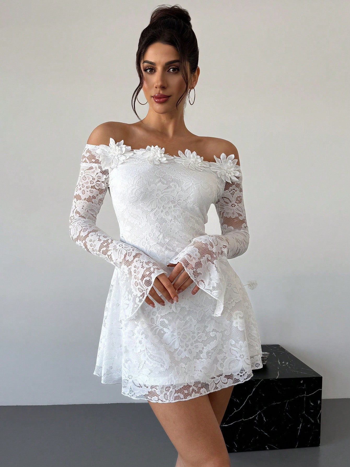 Firerie Elegant Modest White Floral Floral Date Party 3D Tassel Lace Off Shoulder Waist-Cinched A-Line Dress,Women's Graduation Dresses,Autumn Fairycore