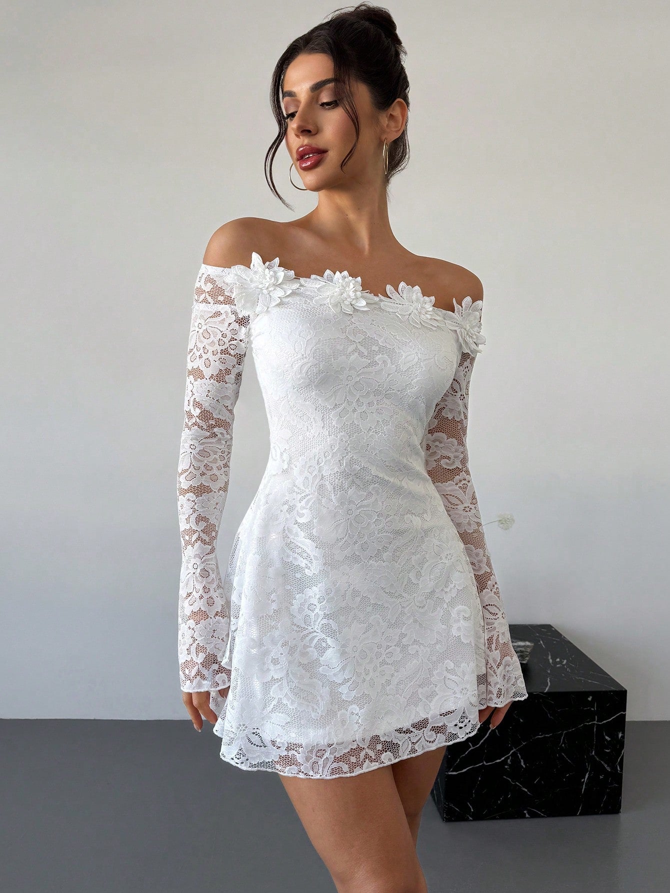Firerie Elegant Modest White Floral Floral Date Party 3D Tassel Lace Off Shoulder Waist-Cinched A-Line Dress,Women's Graduation Dresses,Autumn Fairycore
