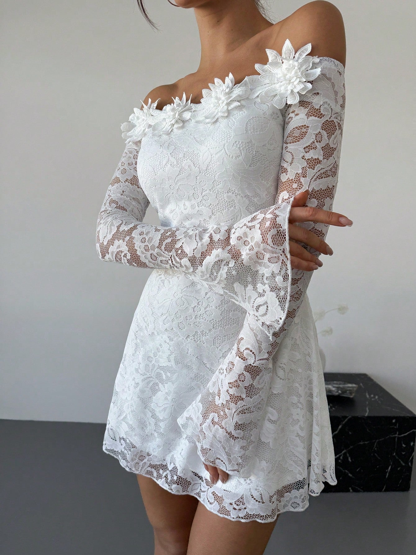Firerie Elegant Modest White Floral Floral Date Party 3D Tassel Lace Off Shoulder Waist-Cinched A-Line Dress,Women's Graduation Dresses,Autumn Fairycore