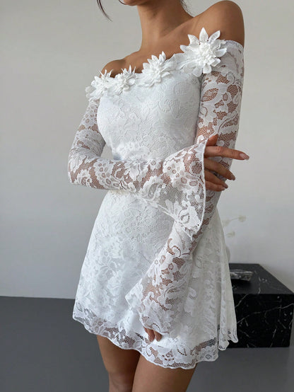 Firerie Elegant Modest White Floral Floral Date Party 3D Tassel Lace Off Shoulder Waist-Cinched A-Line Dress,Women's Graduation Dresses,Autumn Fairycore