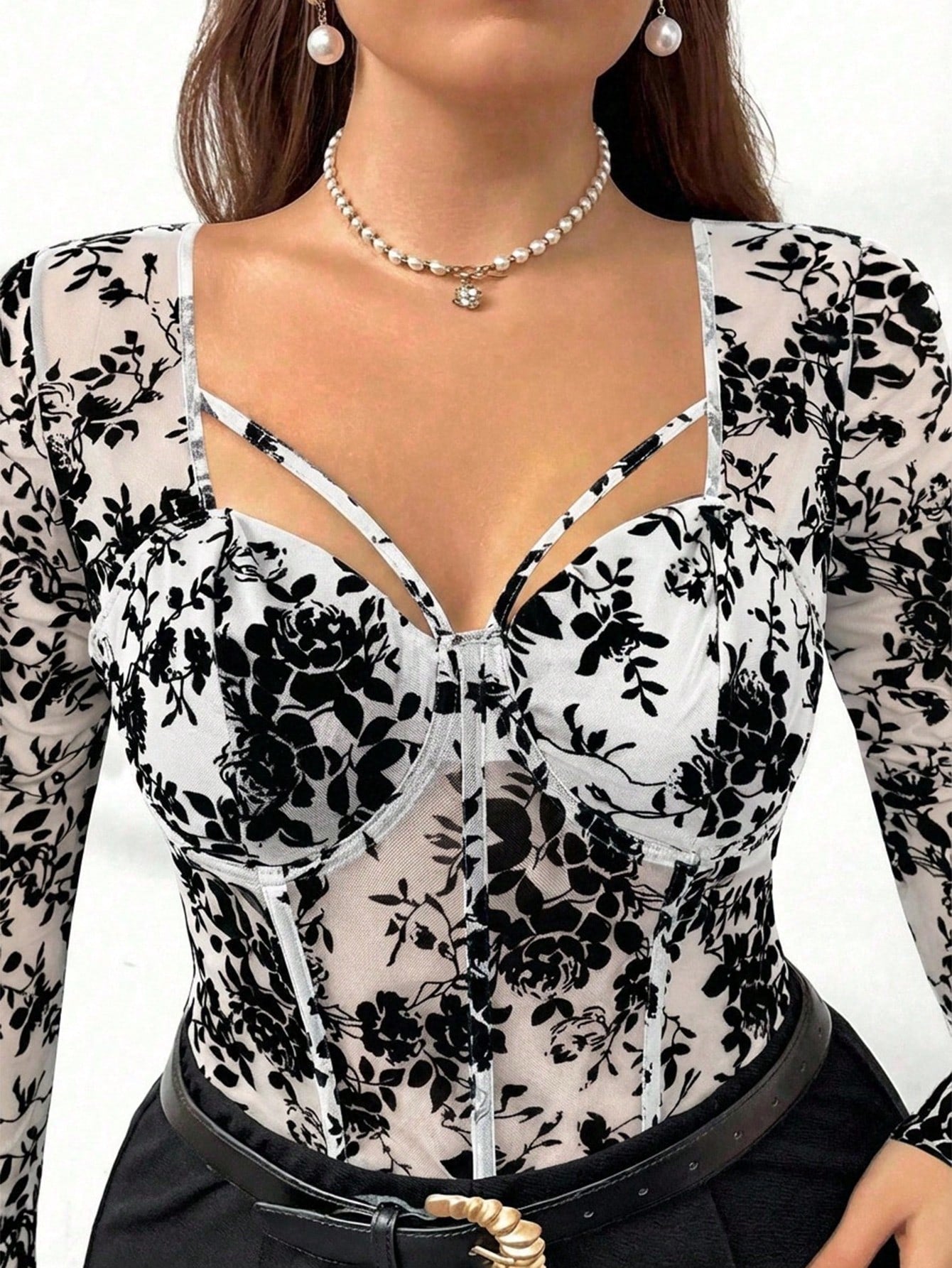 Firerie Plus Size Women's Sexy Sheer Sweetheart Collar Long Sleeve T-Shirt Fall