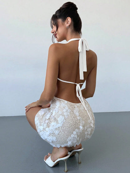 Firerie Women Cream White Sequin Embroidery Swing Neck Mini Dress,70s Vintage Backless Beaded Cowl Neck Sleeveless Club Party Summer Music Festival