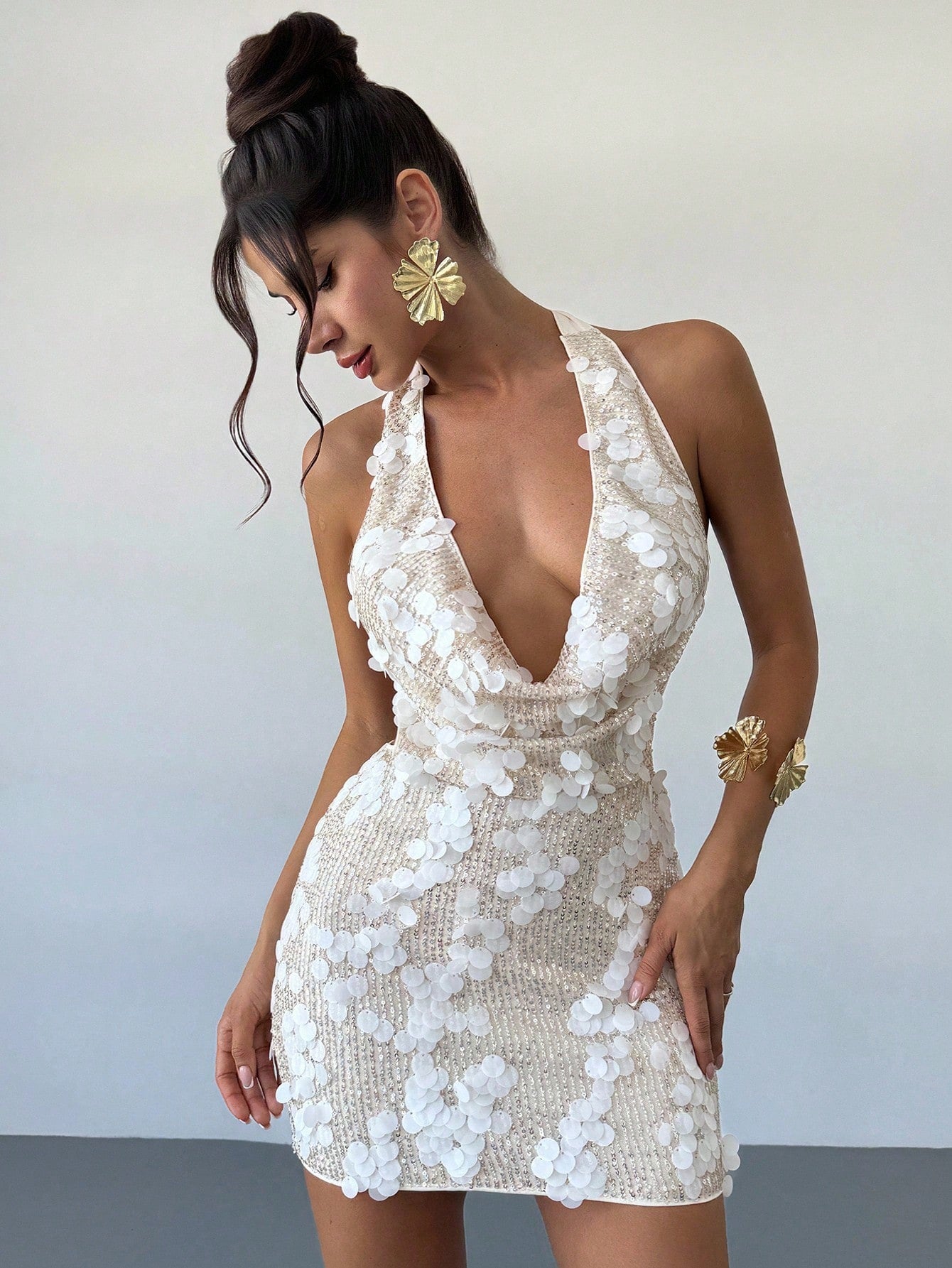 Firerie Women Cream White Sequin Embroidery Swing Neck Mini Dress,70s Vintage Backless Beaded Cowl Neck Sleeveless Club Party Summer Music Festival