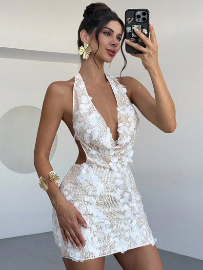 Firerie Women Cream White Sequin Embroidery Swing Neck Mini Dress,70s Vintage Backless Beaded Cowl Neck Sleeveless Club Party Summer Music Festival