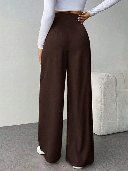 Firerie Women's Casual Chic High Waist Textured Wide Leg Pants For Back To School, Commuting And Office, Coffee Brown Winter