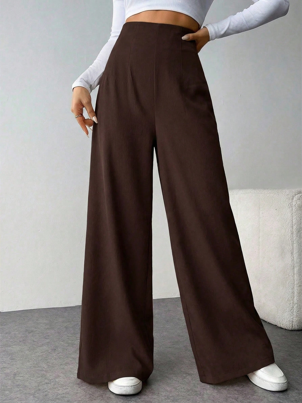 Firerie Women's Casual Chic High Waist Textured Wide Leg Pants For Back To School, Commuting And Office, Coffee Brown Winter