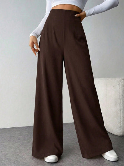 Firerie Women's Casual Chic High Waist Textured Wide Leg Pants For Back To School, Commuting And Office, Coffee Brown Winter