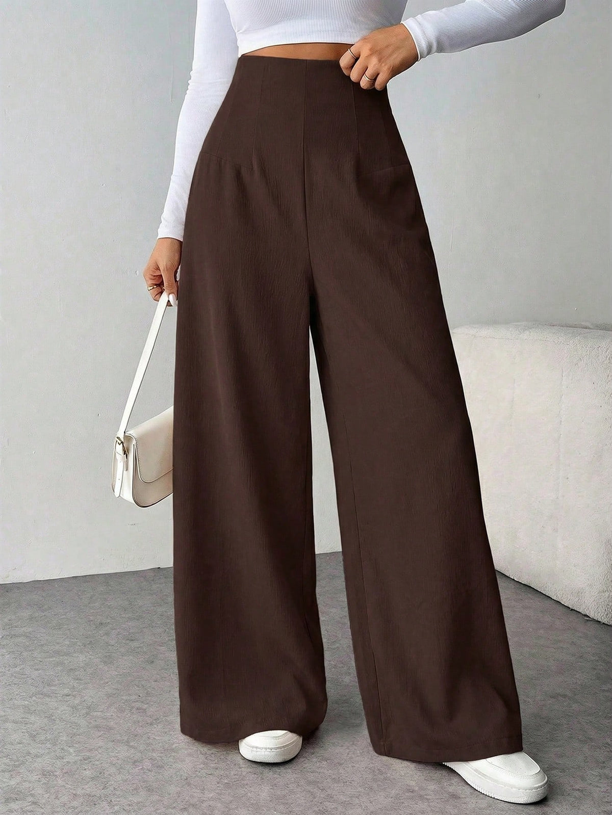 Firerie Women's Casual Chic High Waist Textured Wide Leg Pants For Back To School, Commuting And Office, Coffee Brown Winter