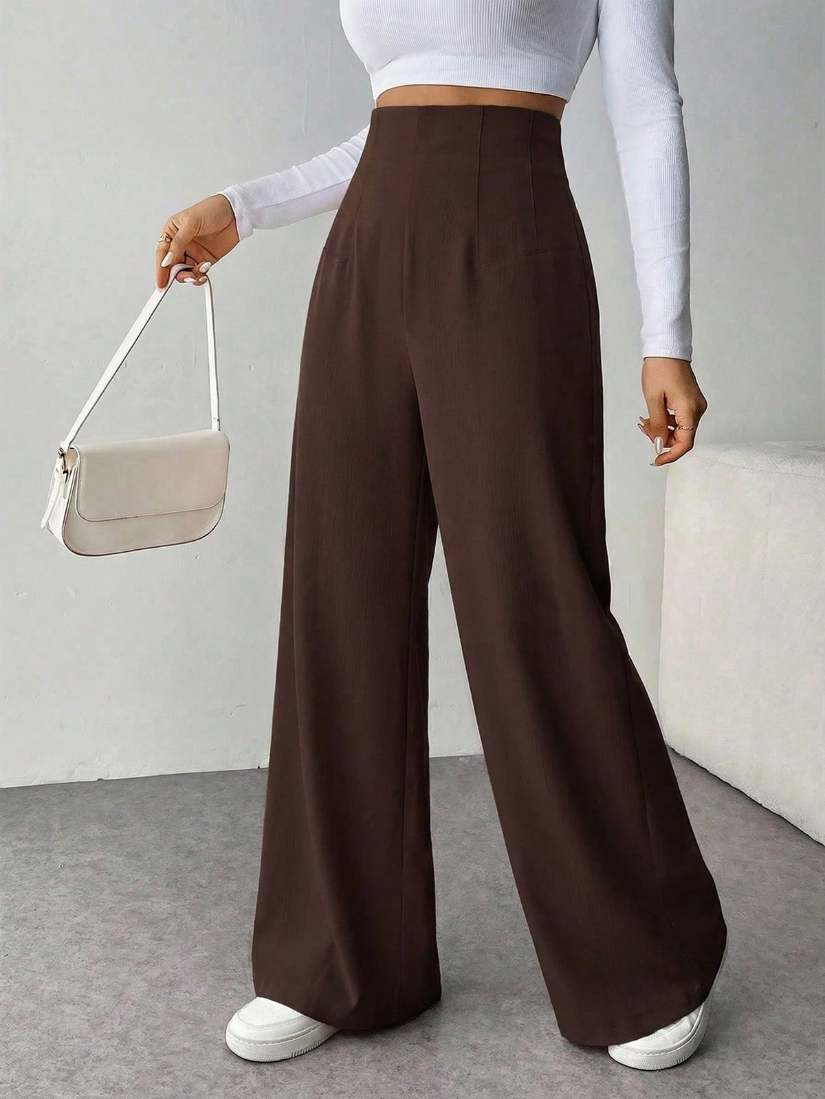 Firerie Women's Casual Chic High Waist Textured Wide Leg Pants For Back To School, Commuting And Office, Coffee Brown Winter
