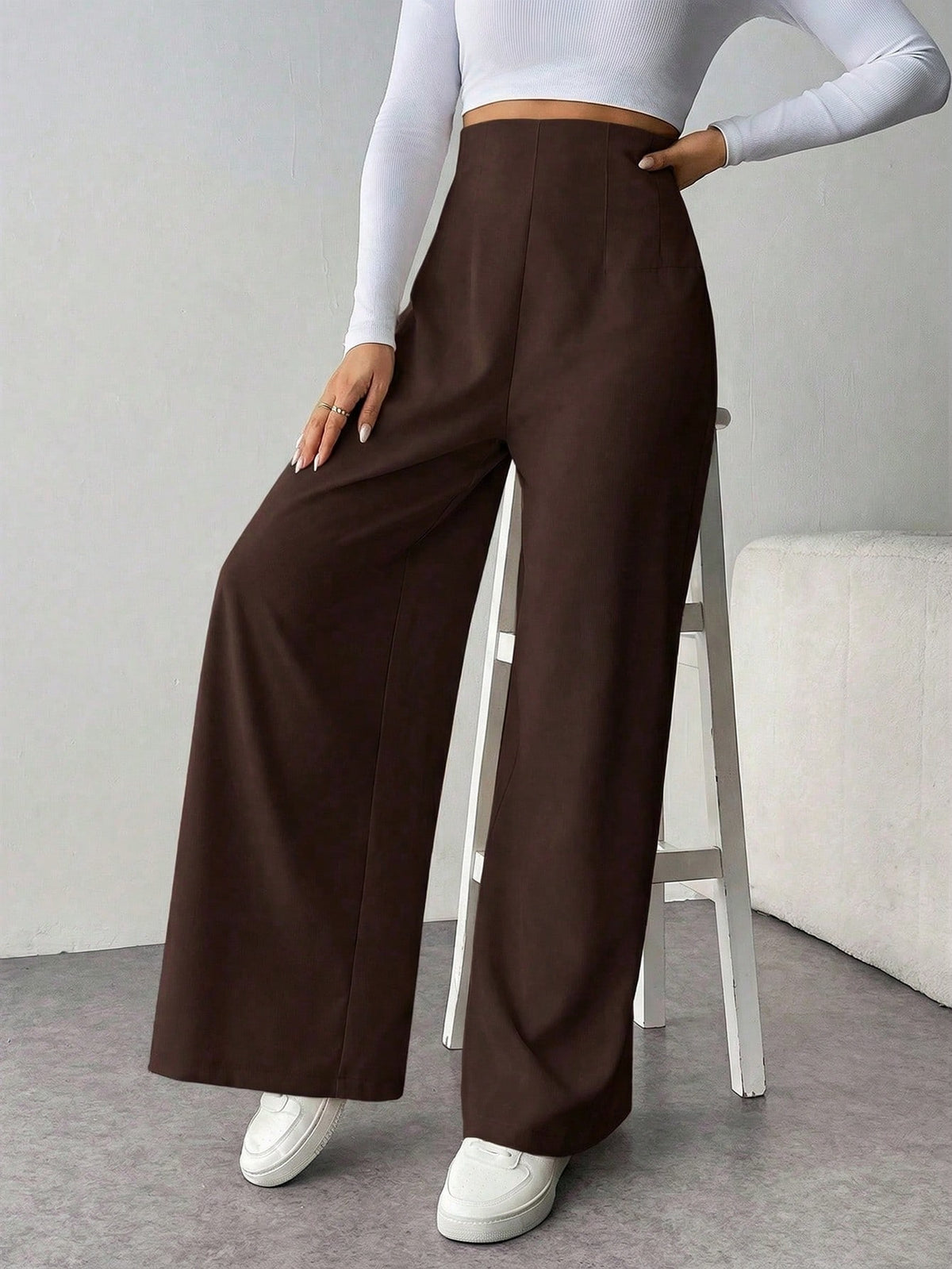 Firerie Women's Casual Chic High Waist Textured Wide Leg Pants For Back To School, Commuting And Office, Coffee Brown Winter