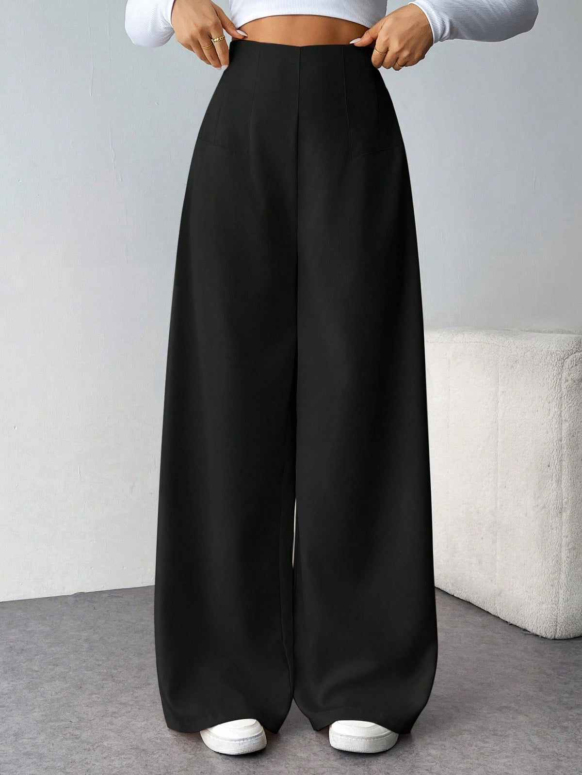 Firerie Women's Casual Chic High Waist Textured Wide Leg Pants For Back To School, Commuting And Office, Coffee Brown Winter