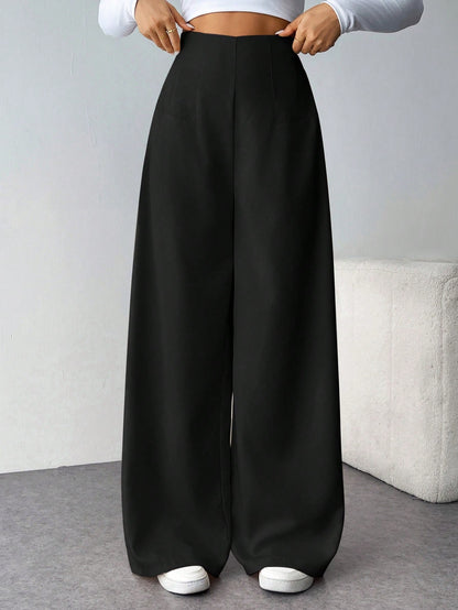 Firerie Women's Casual Chic High Waist Textured Wide Leg Pants For Back To School, Commuting And Office, Coffee Brown Winter
