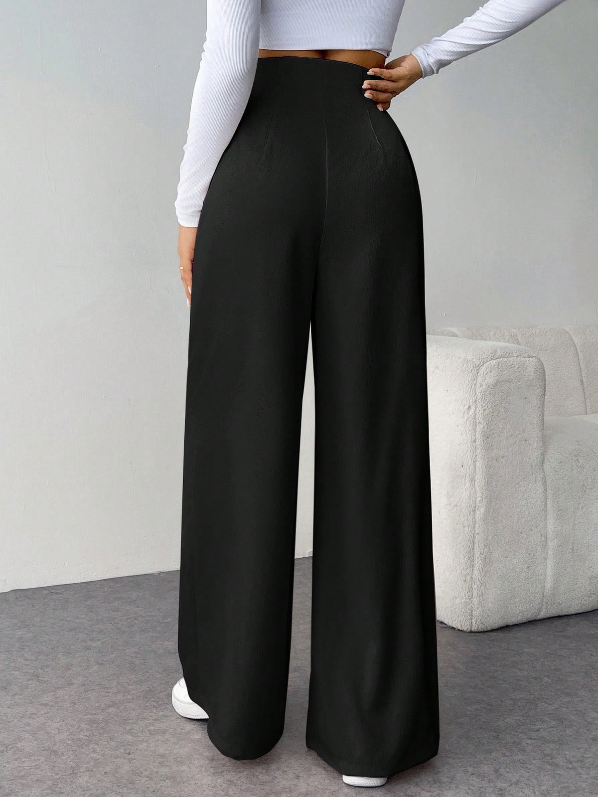 Firerie Women's Casual Chic High Waist Textured Wide Leg Pants For Back To School, Commuting And Office, Coffee Brown Winter