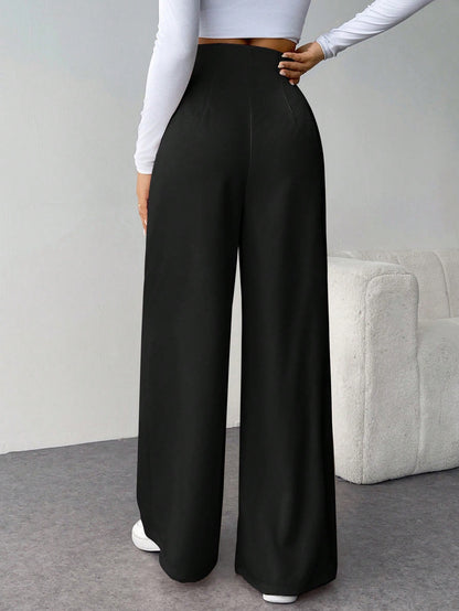 Firerie Women's Casual Chic High Waist Textured Wide Leg Pants For Back To School, Commuting And Office, Coffee Brown Winter