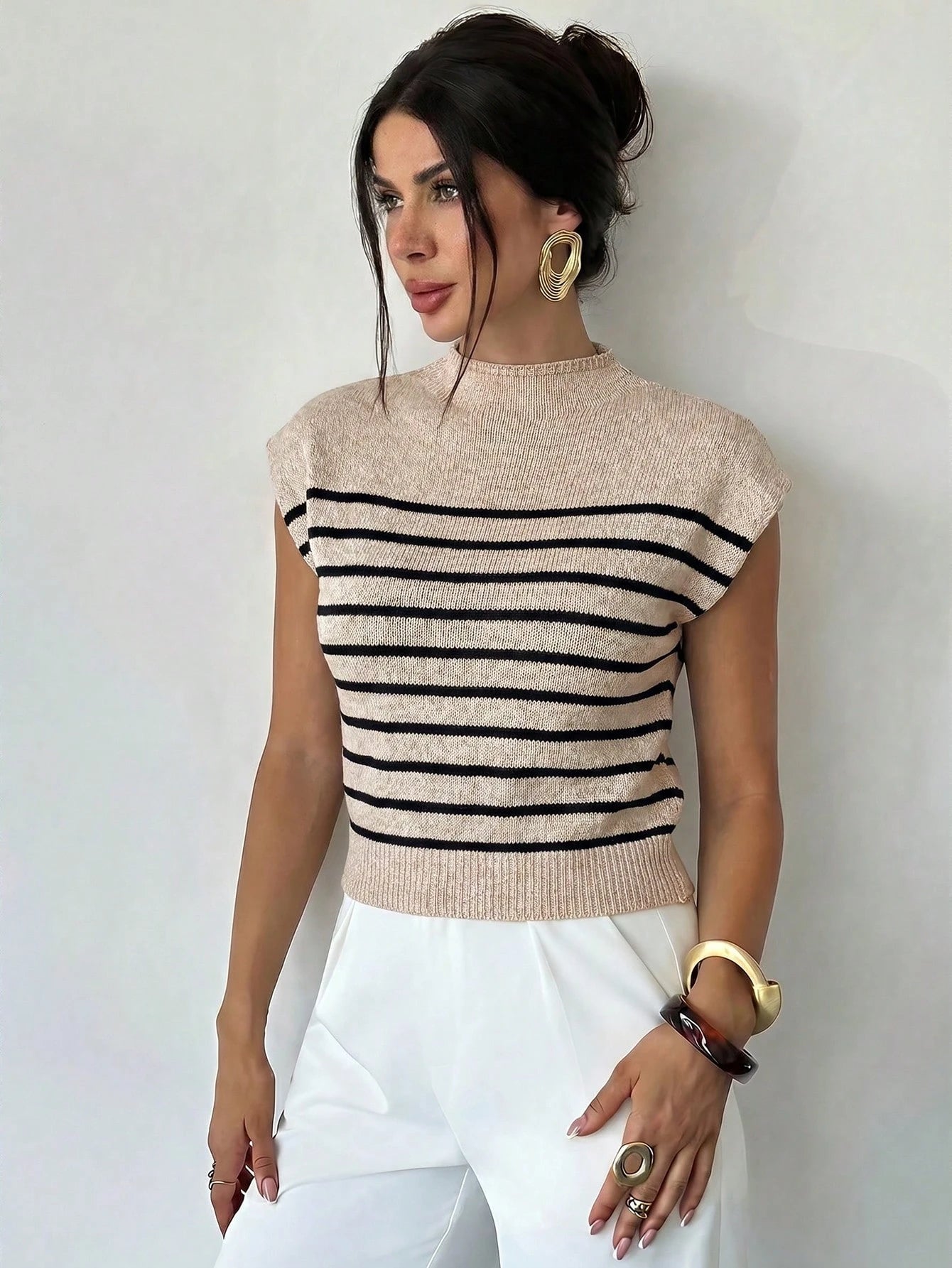 Firerie Women's Elegant High Neck Loose Casual Versatile Sleeveless Striped Knit Tank Top, Suitable For Outings, Autumn/Winter Campus Wear
