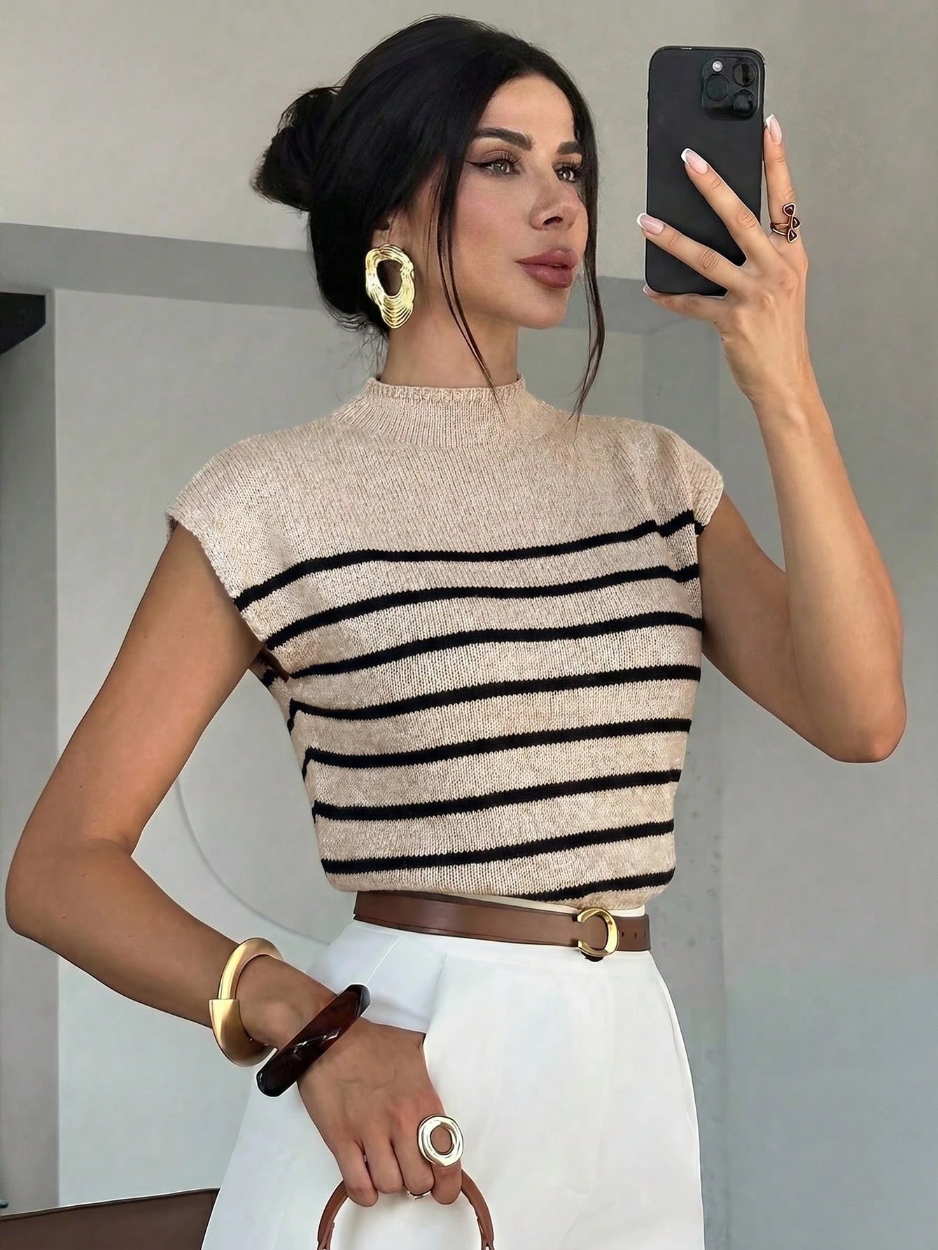 Firerie Women's Elegant High Neck Loose Casual Versatile Sleeveless Striped Knit Tank Top, Suitable For Outings, Autumn/Winter Campus Wear