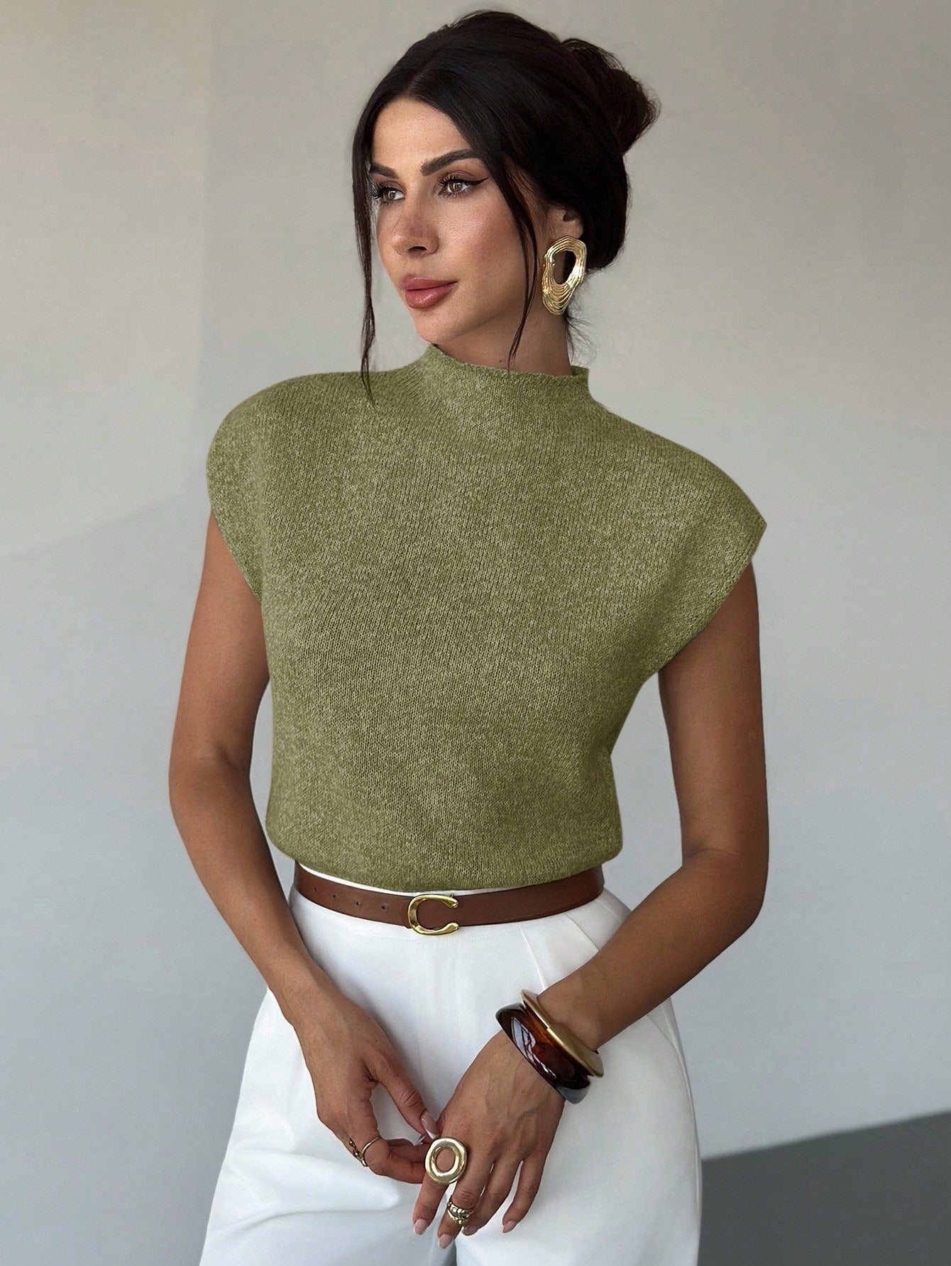 Firerie Women's Elegant High Neck Sleeveless Knit Sweater Vest- Loose Casual Versatile Tops For Office, School, And In Autumn (Olive Green)