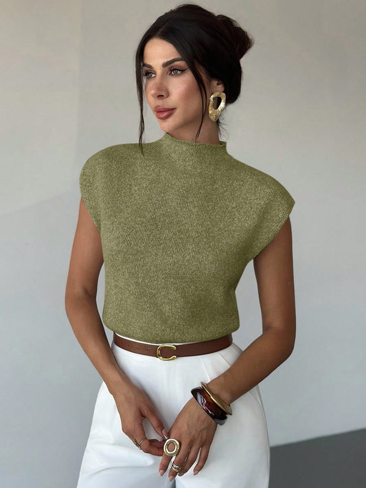 Firerie Women's Elegant High Neck Sleeveless Knit Sweater Vest- Loose Casual Versatile Tops For Office, School, And In Autumn (Olive Green)