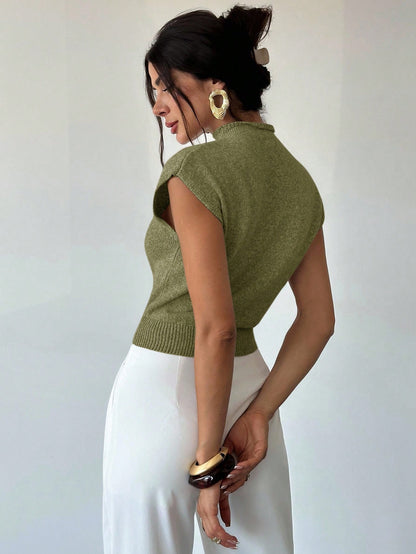 Firerie Women's Elegant High Neck Sleeveless Knit Sweater Vest- Loose Casual Versatile Tops For Office, School, And In Autumn (Olive Green)