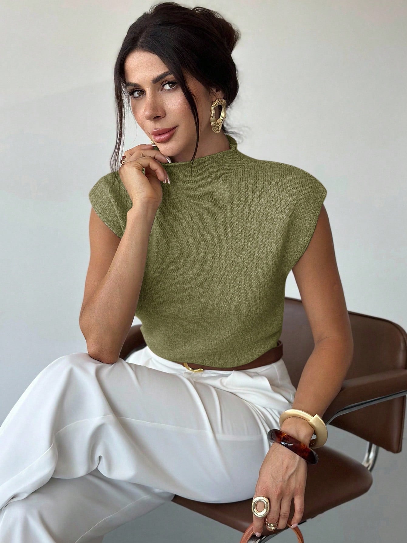 Firerie Women's Elegant High Neck Sleeveless Knit Sweater Vest- Loose Casual Versatile Tops For Office, School, And In Autumn (Olive Green)