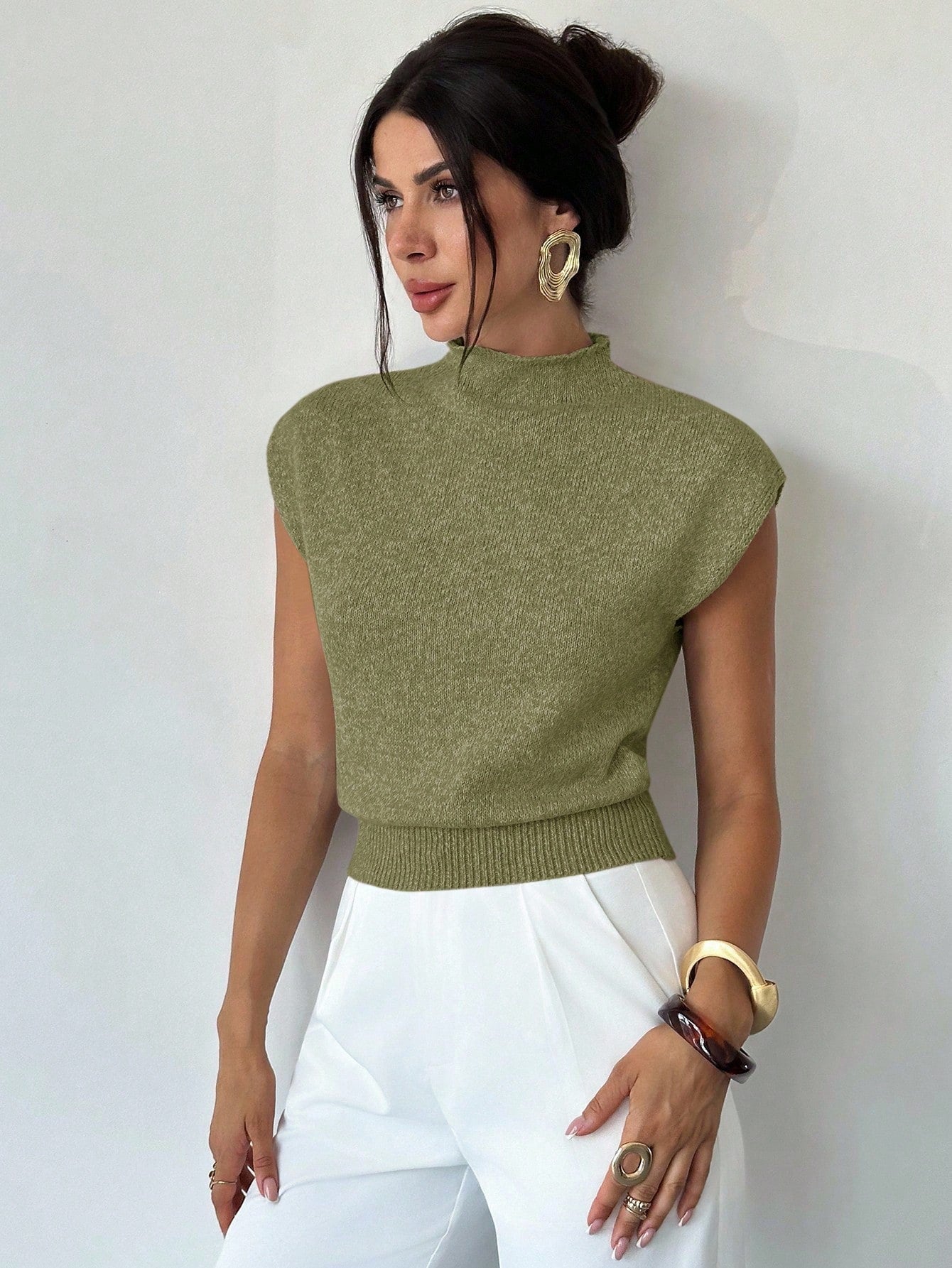 Firerie Women's Elegant High Neck Sleeveless Knit Sweater Vest- Loose Casual Versatile Tops For Office, School, And In Autumn (Olive Green)