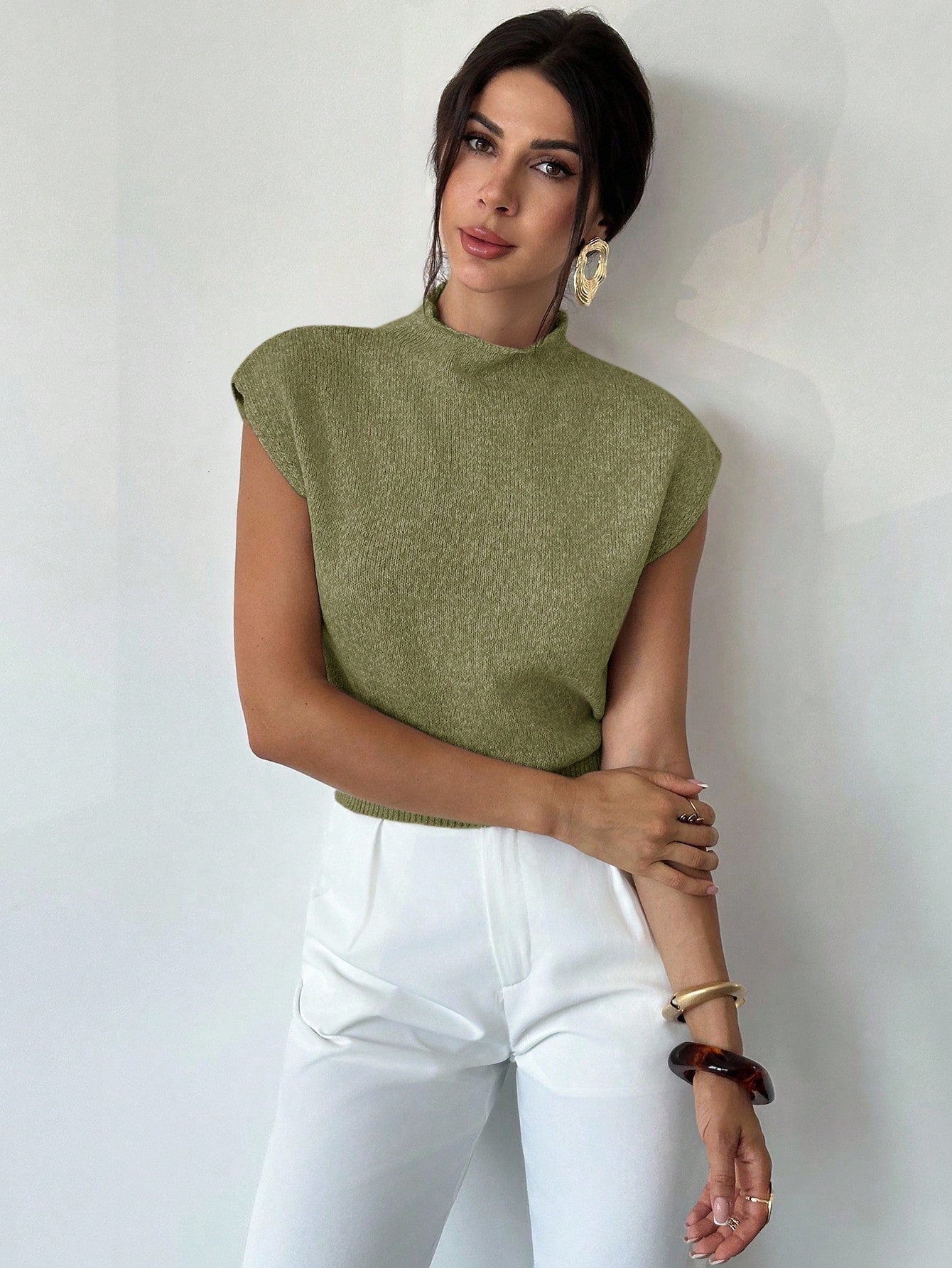 Firerie Women's Elegant High Neck Sleeveless Knit Sweater Vest- Loose Casual Versatile Tops For Office, School, And In Autumn (Olive Green)