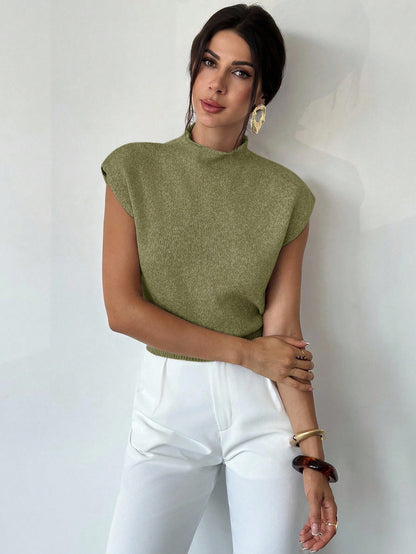 Firerie Women's Elegant High Neck Sleeveless Knit Sweater Vest- Loose Casual Versatile Tops For Office, School, And In Autumn (Olive Green)