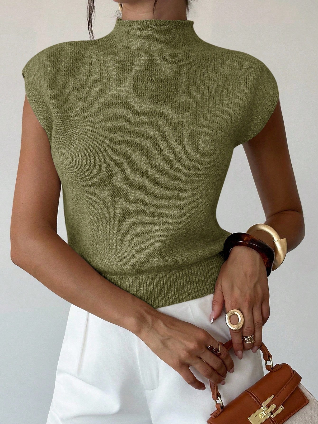 Firerie Women's Elegant High Neck Sleeveless Knit Sweater Vest- Loose Casual Versatile Tops For Office, School, And In Autumn (Olive Green)