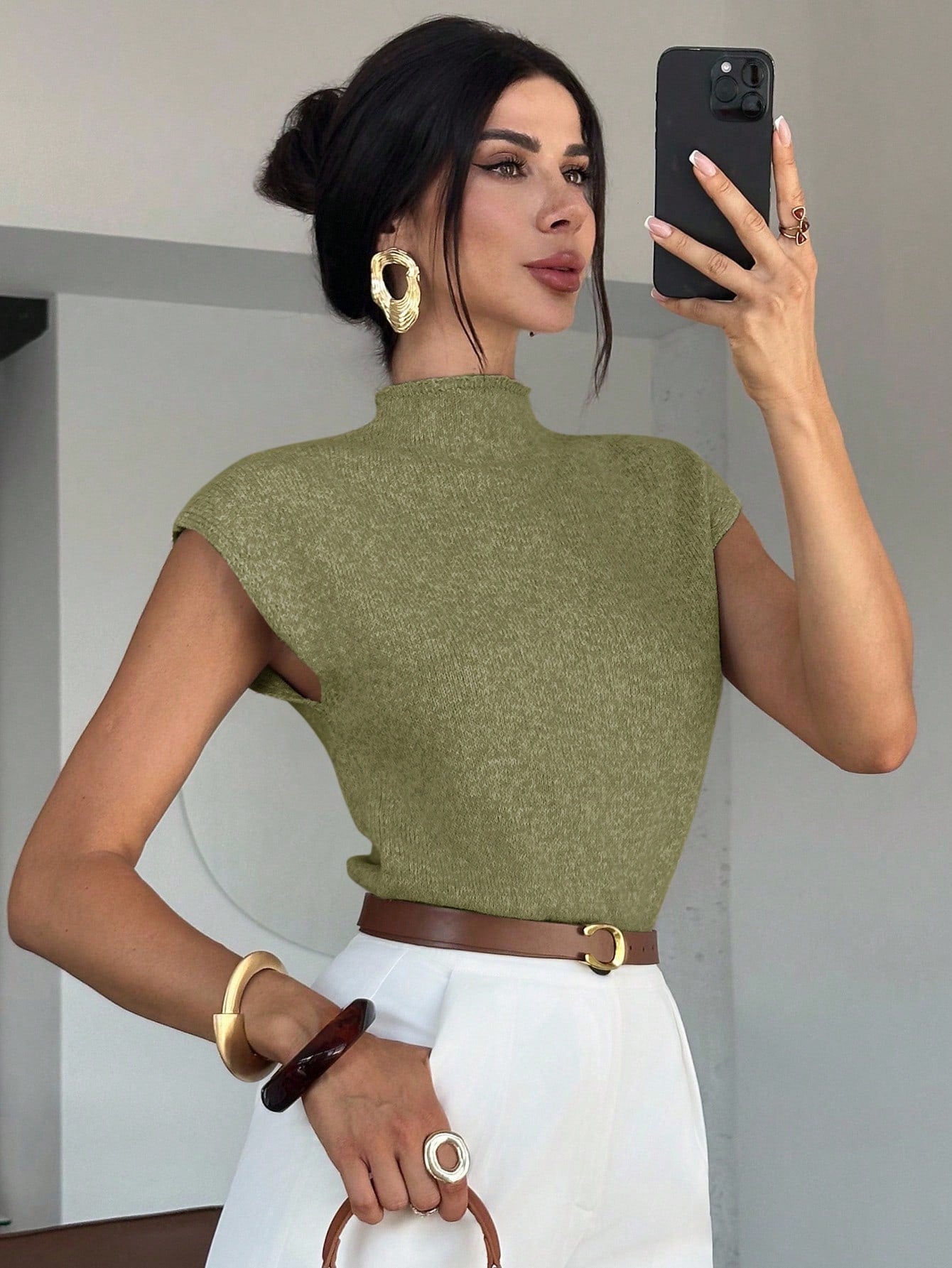 Firerie Women's Elegant High Neck Sleeveless Knit Sweater Vest- Loose Casual Versatile Tops For Office, School, And In Autumn (Olive Green)