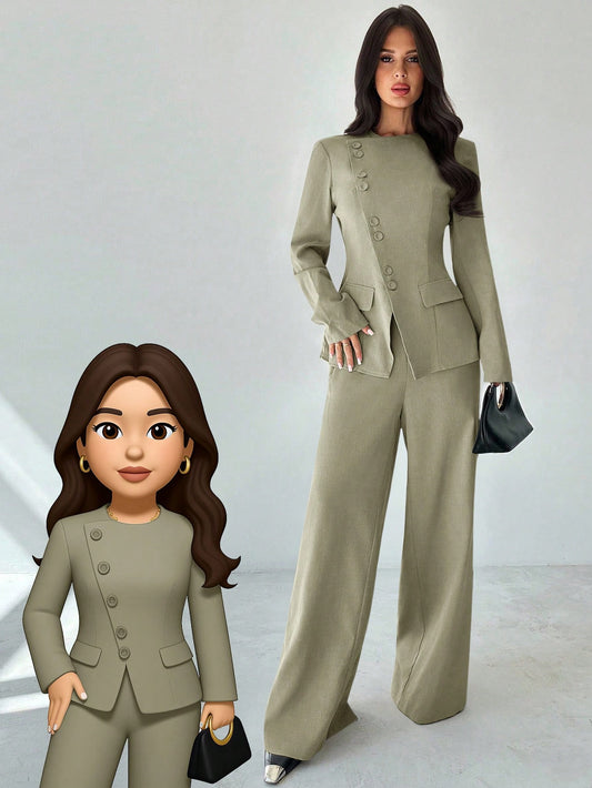 Firerie Women's Elegant Office 2 Pieces Suit Set,Sage Green Asymmetric Button Long Sleeve Blazer & High Waist Pants,Autumn Winter Old Money Commuting Clothes