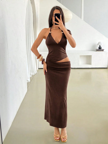 Firerie Women's Elegant Spring/Summer Sexy Holiday Party Club Night Out Vacation Music Festival V-Neck Metal Decor Halter Backless Cut-Out Dark Brown Dress
