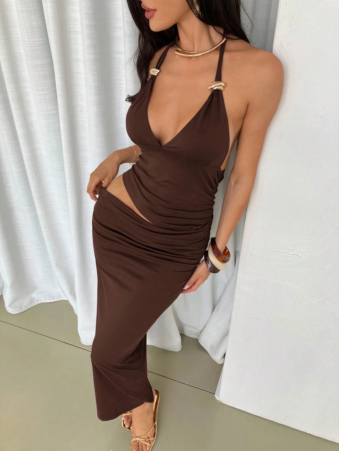 Firerie Women's Elegant Spring/Summer Sexy Holiday Party Club Night Out Vacation Music Festival V-Neck Metal Decor Halter Backless Cut-Out Dark Brown Dress