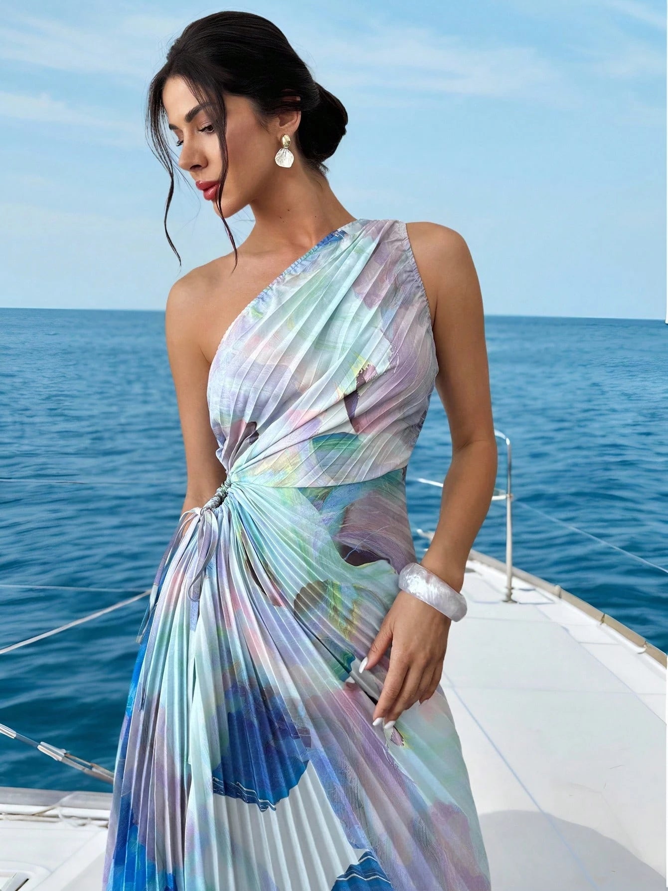 Firerie Women's Steel Blue Floral Summer Elegant Wedding Brunch Date Picnic Guest Dress, Asymmetrical Print Waist Hollow Pleated One-Shoulder Seaside Outfit
