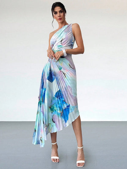 Firerie Women's Steel Blue Floral Summer Elegant Wedding Brunch Date Picnic Guest Dress, Asymmetrical Print Waist Hollow Pleated One-Shoulder Seaside Outfit