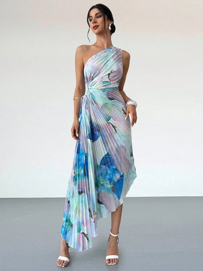 Firerie Women's Steel Blue Floral Summer Elegant Wedding Brunch Date Picnic Guest Dress, Asymmetrical Print Waist Hollow Pleated One-Shoulder Seaside Outfit