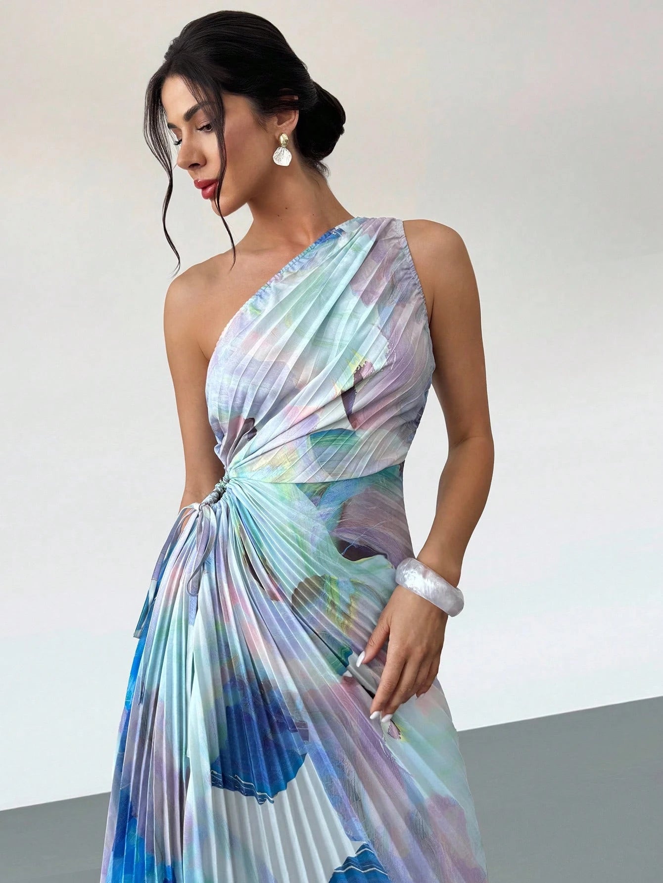 Firerie Women's Steel Blue Floral Summer Elegant Wedding Brunch Date Picnic Guest Dress, Asymmetrical Print Waist Hollow Pleated One-Shoulder Seaside Outfit